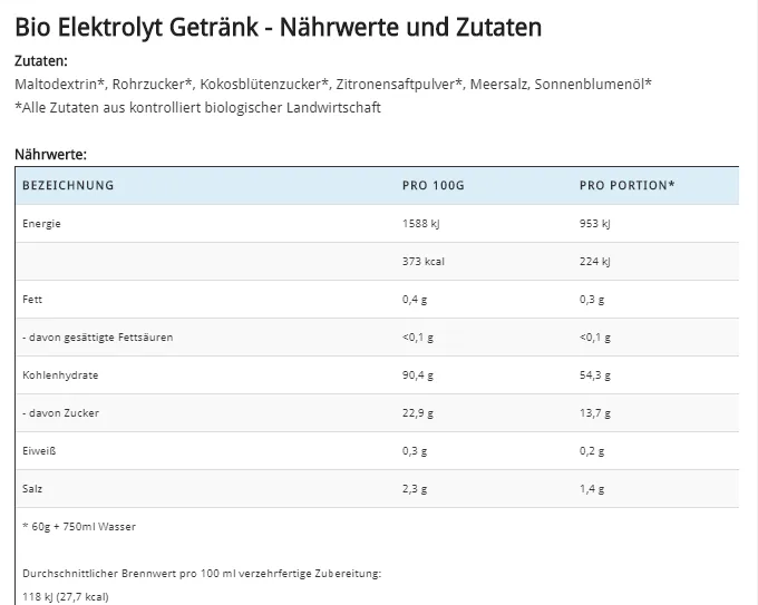Bio Elektrolyt Getränk - Nährwerte und Zutaten