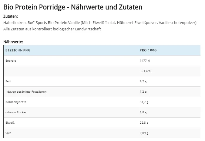Bio Protein Porridge - Nährwerte und Zutaten