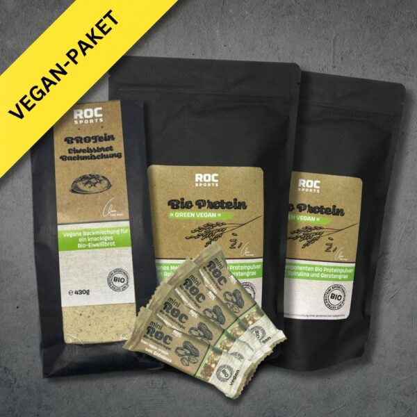 Vega-Paket: Protein-Brotbackmischung, Protein-Pulver Green Vegan, miniROCs